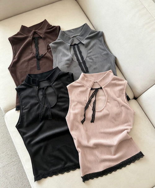 musculosa puntilla cuello chino